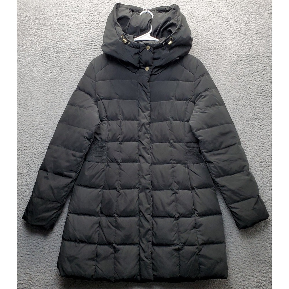 Cole Haan Signature Taffeta Down Puffer Coat Womens M Black Hooded Snap Full Zip